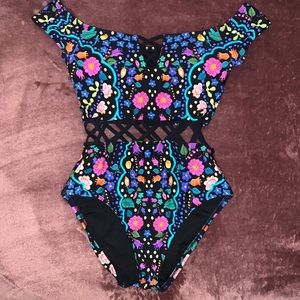 Kenneth Cole off-shoulder one piece swimsuit